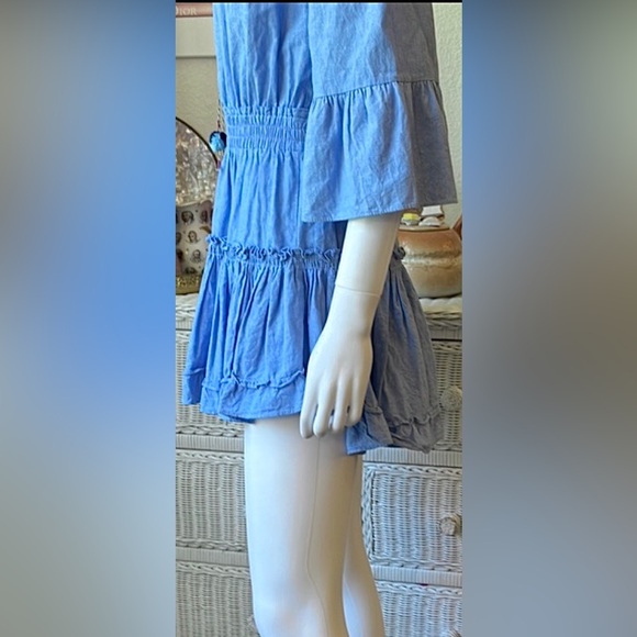 Miso Los Angeles 100% Cotton chambray ruffle tiered dress blue color Size - Picture 7 of 11